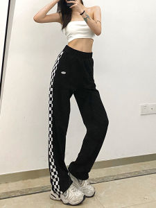 Street Style Womens High Waist Loose Casual Pants Checkerboard Stitching Long Trousers Comfortable Loose Fit Summer Fashion