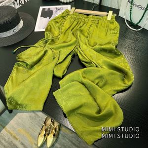Green Silk Wide Leg Pants Womens Elastic Waistband Summer High-End Feeling Tkae Flower Pattern Loose Fit Long Trousers