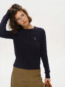SHEITAOZI | Round Neck Pure Color Knit Sweater with Cable and Embroidery Autumn