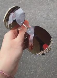 Mắt Kính Râm Nữ Chống Nắng Tròng Kính Mắt Nâu Tây Không Viền Gọng Kính Mát Đính Đá Thời Trang