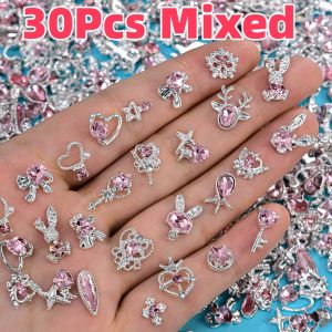 30Pcs 3D Mixed Pink Diamond Alloy Heart Star Rabbit Nail Charms Random Bowknot Cross Key Nail Art Decorations DIY Manicure Parts