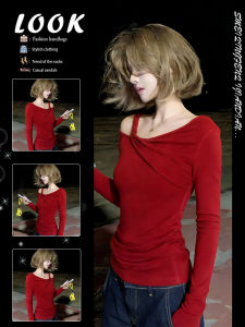 Red Off-Shoulder Slim Fit Wrinkle Knotted T-Shirt