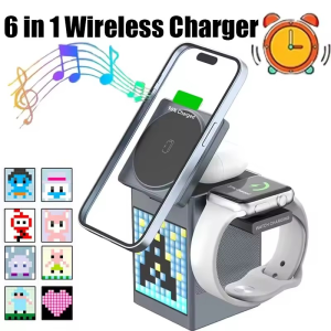 Multifunctional 6 in 1 Magnetic Wireless Charger Speaker Alarm Clock Fast Charging Station For iPhone 17 Pro Max For iWatch Ultra 3 Series 11 10 9 8 7 6 5 4 SE3 AirPods