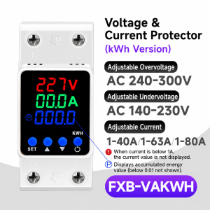 VANEAIMS AC220V Adjustable Voltage Current Protector Relay 40A 63A 80A 100A DIN Rail Digital Display Over Under Voltage Overcurrent Auto Recovery Optional kWh Watt Hz Meter
