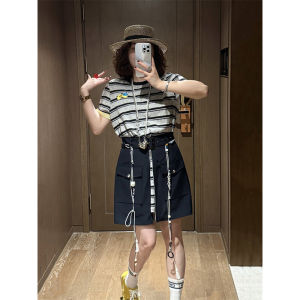 Shalldoer | Korean Style Chic Striped Color Block Round Neck Short Dress Womens Summer Casual High Waist A-Line Skirt Single Piece
