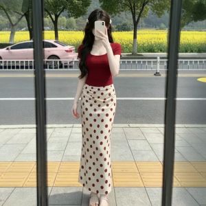 CHANGTONG | Resort Style Red Polka Dot Crop Top and Wrap Skirt Set