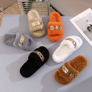 Casual Woolen Slippers Thick Bottom Slip-On Womens Shoes Flat Bottom Warm Anti-Slip Casual Style Pure Color Rubber Outsole