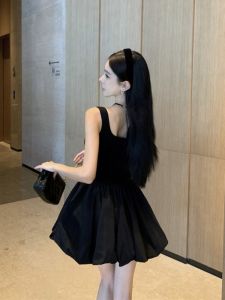 GUZILIAN | Hebe Korean Style Little Black Dress Womens High Waist Slimming Strap Dress Summer French A-Line Fluffy Skirt Short Dress
