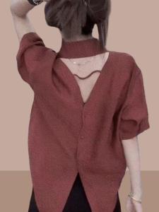 Fashionable Short Sleeve Shirt Womens Casual Style Korean Version Loose Fit Regular Thickness Pure Color POLO Collar Shirt