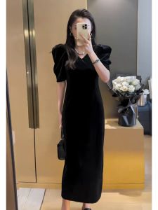 XIYUQI | Velvet Black Elegant Womens Summer Dress V-Neck Puff Sleeves
