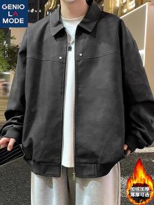 Genio Lamode American Style Retro Leather Jacket Mens Spring Autumn Suede Velour Cool Jacket Loose Fit Long Sleeve Zipper Closure