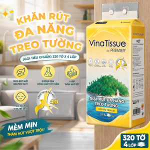 [COMBO 10 GÓI  KHÔNG MÓC TREO] Giấy rút treo tường PREMIER Vinatissue 4 lớp - 100% bột giấy nguyên sinh không chất tẩy 320 tờ/gói tiêu chuẩn - Chính hãng