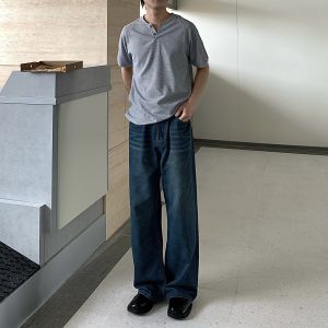 Blue Vintage mid Waist Mens Straight Leg Wide Leg Jeans Loose Drapey Casual Cotton Denim Trousers for Teenagers All Seasons