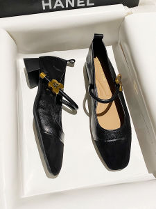 รองเท้าส้นสูงหนังนิ่มสีดำ ทรง Mary Janes สำหรับผู้หญิง สายรัดข้างเดี่ยว ทรงหัวเหลี่ยม พื้นยาง กันลื่น รองเท้าส้นสูงสำหรับใส่ไปทำงาน