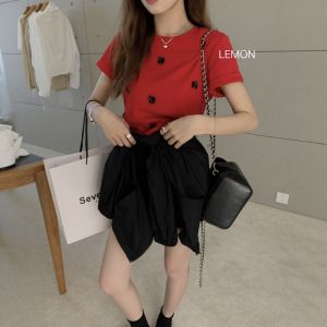 CHOEFULYN | Korean Style Ballet-inspired Grey Round Neck Bow Short Sleeve T-shirt