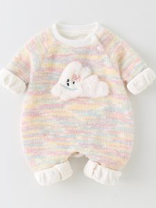 ฤดูใบไม้ร่วง ฤดูหนาว เด็กทารก เด็กผู้หญิง ผ้าขนแกะ Onesie มีซับในถักหนา เด็กทารก เสื้อผ้าเสื้อผ้าเด็กทารก สไตล์ลำลอง แขนยาวปิดสองปุ่ม