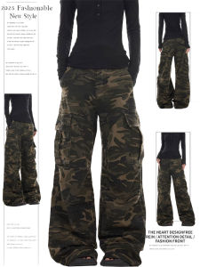 Retro American Washed Camouflage Work Pants Womens Loose Straight Leg Multi Pocket Wide Leg Casual Paratrooper Pants
