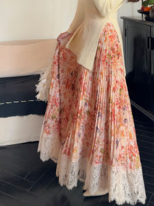 Summer Monet Impression Style Orange Floral Lace Panelled Pleated Skirt