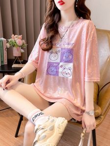 Plus Size Womens Clothing Ice Silk Short Sleeve T-shirt Womens plus Size 150.00kg Summer Thin Loose Mid Length Long Length Half Sleeve Tops