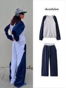 ผู้หญิงฤดูใบไม้ร่วงสี Clash Casual Sweatshirt ชุด Patchwork สีรอบคอเสื้อแขนยาวเอวสูงสบายๆกางเกง