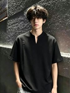 ZHUOCAN | Cooling Ice Silk Regular Fit Black V-Neck T-shirt Men Summer