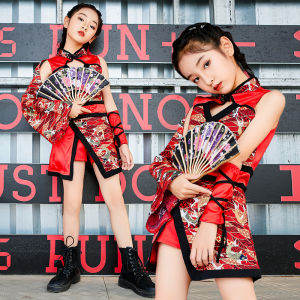 ชุดเต้นแจ๊สสำหรับเด็กผู้หญิง ชุดแฟชั่นฤดูร้อน ชุดเดินแบบ ชุดเต้นรำสีแดง ชุดเด็กผู้หญิง ชุดการแสดง ชุดเด็กผู้หญิง