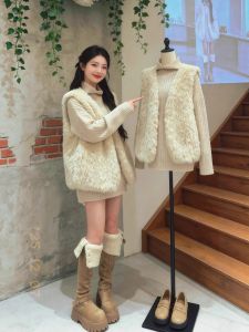 XUECAIQI | Stylish Winter Outfit Set Warm Plush Vest and Turtleneck Sweater 2 Piece