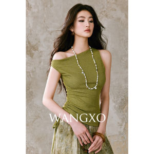 WANGXO | Áo Knit Ôm Body Voan Asymmetrical Không Tay Khoe Vai Có Dây Kéo Tại Eo
