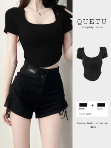 Spicy Girl Style Short Sleeve T-Shirt Womens Summer New Small Size Square Collar Short Fit Small Top Arc Hem Korean Version