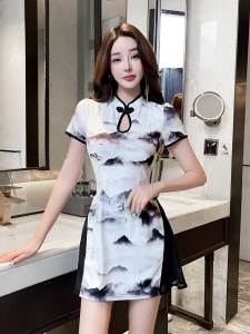 Elegant Pure Desire Chinese Style High Waist A-Line Dress Short Sleeve High Collar Phoenix Yun Womens Fashion Spring Autumn Winter