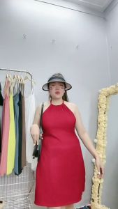 Đầm dây bigsize dáng váy A cổ yếm xẻ lai hai bên chất gân tăm Váy nữ BIGSIZE CÔ NHỎ co giãn từ 60-93kg G84