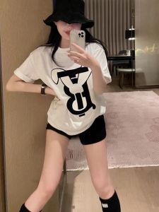 Loose Korean Style Womens T-Shirt Short Sleeve Pure Cotton Mid-Length Slimming Top Fashionable Casual Commute Geometry Pattern
