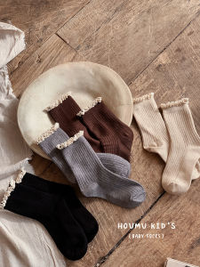 ถุงเท้าผ้าขนสัตว์หนาสำหรับเด็กผู้หญิง ถุงเท้าข้อสั้น ถุงเท้าแบบสวม ฤดูใบไม้ร่วง/ฤดูหนาว ถุงเท้าเด็กผู้หญิงสไตล์วินเทจ ถุงเท้าเด็กผู้หญิงลายขอบดอกไม้ ถุงเท้าเด็กผู้หญิง