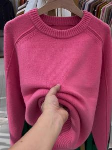 Womens Autumn Winter New Cashmere Sweater: Berry Pink Round Neck Knitted Top for High Class Thickened Pullover