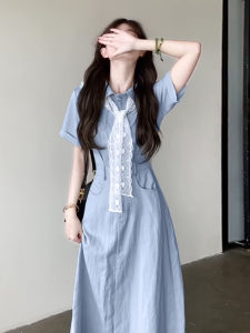 Karrar betsey | French Style Blue Shirt Dress Womens Summer Elegant Waist-Cinching Long Dress Sweet A-Line Skirt Short Sleeve Polo Collar