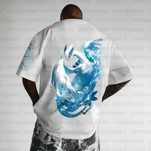 Bandai | Summer 2026 Pokemon Pure Cotton T Shirt Lugia Back Print Blue Water Flow Effects Sleeve Japanese Pattern Loose Fit Casual