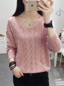 เสื้อถักแบบเปิดหลังแขนค้างคาวบางๆ ทรงหลวมคอวี แขนสั้น ทรงหลวม แฟชั่นฤดูใบไม้ผลิและฤดูใบไม้ร่วง สำหรับผู้หญิง