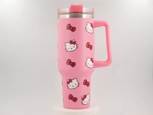 mengatakan Hello HD 40oz Tumbler dengan pemegang dan jerami cawan bertebat boleh diguna semula cawan air keluli tahan karat merah jambu