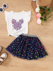 Summer Toddler Girls Clothing Set Heart Print Ruffle Sleeve T-Shirt Colorful Hearts Tutu Skirt 2Pcs Outfits Kids Baby Girl Casu