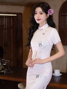 New Chinese Style Cheongsam Young Girl Daily Wear Midi Dress Double Lapel Short Sleeve Breathable Polyester Summer New Arrival
