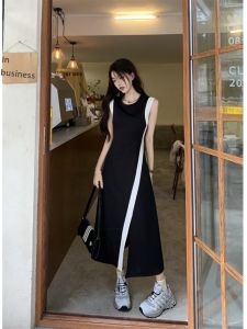 ชุดเดรสแขนกุดคอตั้งเอวสูงแบบแยกส่วนสำหรับผู้หญิงในช่วงฤดูร้อนปี 2025 ดีไซน์ใหม่ กระโปรงยาวทรงเอ แขนกุด ความยาวปานกลาง