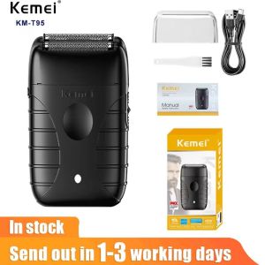 เครื่องโกนหนวดที่ชาร์จไฟฟ้า USB สำหรับผู้ชาย Kemei เครื่องโกนหนวดแบบลูกสูบ T95ใบมีดคู่