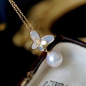 Montagne Jewelry 18k Pure Gold Pendant Butterfly Design Fine Jewellery Natural 7.5-8mm Akoya Pearl Pendant Necklace