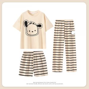 MiiOW | ชุดนอนเด็กชายฤดูร้อน MiiOW Cat ชุดสามชิ้นแขนสั้นกางเกงขาสั้นกางเกงขายาวผ้าฝ้าย 100% คอกลม ลำลอง ใช้ในบ้าน