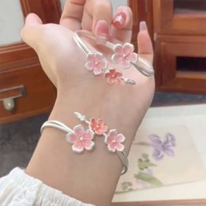 C.three New Chinese Style Pink Peach Blossom Bangle Niche Light Luxury Retro Bangle Bracelet Versatile