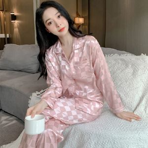 New 2025 Womens Ice Silk Sleepwear Short Sleeve Home Clothes Two-Piece Set Spring Summer Autumn Seasonal Plaid Pajamas