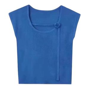 YUEZHONGWEI | Blue Floral Knitted T-Shirt Womens Summer Slim Fit Short Style French Elegant Top U-Neck Short Sleeve Korean Version Commute Wind