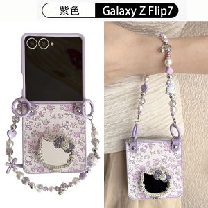 Sanrio | Cute Luxury Hello Kittty Floral Bracket Mirror Phone Case For Samsung Galaxy Z Flip 7 6 5 4 3 Shockproof Protection Cover Funda