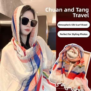 BILLI ZILLY | Ethnic Style Sun Protection Shawl Vintage Button Tassel Cover Up 2025 New Autumn Season Lightweight Breathable Silk Scarf