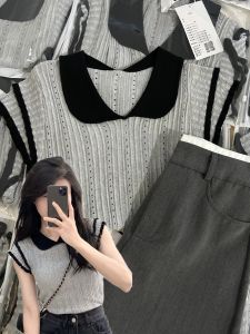 French Style Gray Lapel Knitting Short-Sleeved T-shirt Female Summer Niche Stylish Contrast Color Wooden Ear Slimming Short Top